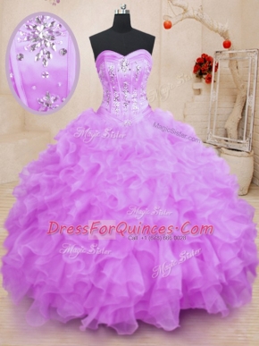 Beautiful Lilac Vestidos de Quinceanera Military Ball and Sweet 16 and Quinceanera and For with Beading and Ruffles Sweetheart Sleeveless Lace Up