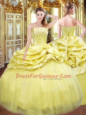Sophisticated Gold Sleeveless Floor Length Beading and Pick Ups Lace Up Quinceanera Dress