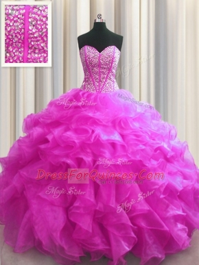 Visible Boning Fuchsia Organza Lace Up Sweet 16 Dresses Sleeveless Floor Length Beading and Ruffles