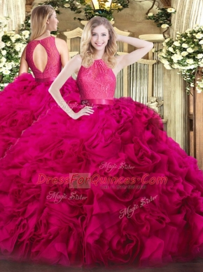 Most Popular Floor Length Hot Pink 15 Quinceanera Dress Fabric With Rolling Flowers Sleeveless Lace