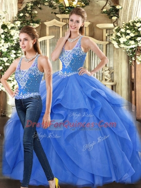 Custom Made Tulle Straps Sleeveless Lace Up Beading and Ruffles Vestidos de Quinceanera in Blue
