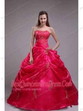 Modest  Ball Gown Strapless Floor-length Orangza Applqiues Red Quinceanera Dress