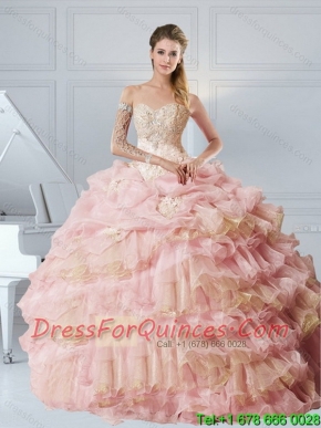 Cheap Cute Baby Pink Sweetheart Quinceanera Dresses with Appliques and Ruffled Layers