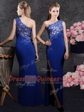 Wonderful Royal Blue One Shoulder Side Zipper Lace and Appliques Prom Dress Sleeveless