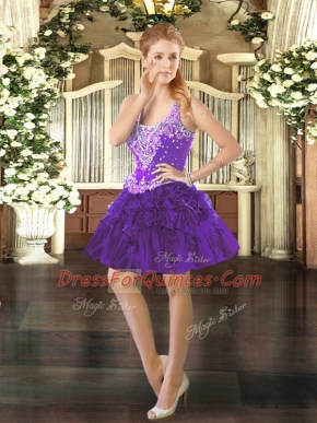 Purple Ball Gowns Straps Sleeveless Organza Mini Length Lace Up Beading and Ruffles Prom Party Dress