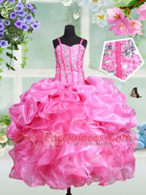 Traditional Straps Rose Pink Ball Gowns Beading and Ruffles and Pick Ups Girls Pageant Dresses Lace Up Organza Sleeveless Floor Length