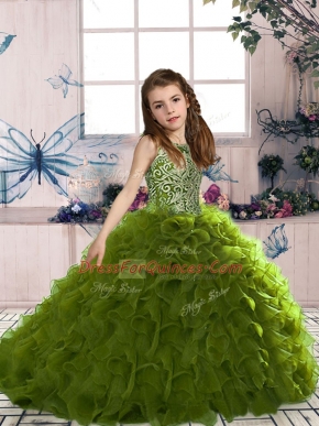 Olive Green Scoop Lace Up Beading and Ruffles Child Pageant Dress Sleeveless