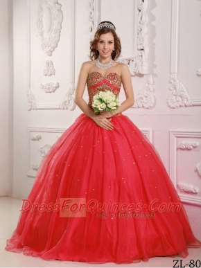 Quinceanera Dress In Coral Red A-Line / Princess With Sweetheart Floor-length and Beading