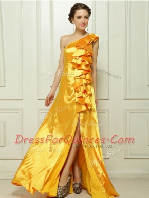 Low Price One Shoulder Gold Sleeveless Taffeta Brush Train Zipper Prom Dresses for Prom and Party