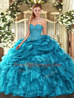 Unique Teal Organza Lace Up Sweetheart Sleeveless Floor Length 15 Quinceanera Dress Beading and Ruffles and Pick Ups
