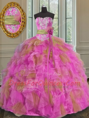 Sophisticated Multi-color Organza Lace Up Sweetheart Sleeveless Floor Length Quince Ball Gowns Beading and Ruffles and Sashes ribbons