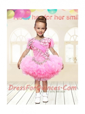 2014 Ball Gown V-neck Rose Pink Sweet Little Girl Dress with Beading