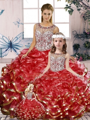 Hot Sale Scoop Sleeveless Organza Quince Ball Gowns Beading and Ruffles Lace Up