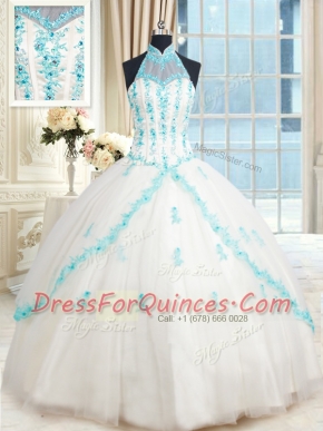 Ball Gowns 15 Quinceanera Dress White Halter Top Tulle Sleeveless Floor Length Lace Up