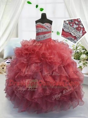 Elegant Coral Red Sweetheart Lace Up Beading and Ruffles Flower Girl Dress Sleeveless
