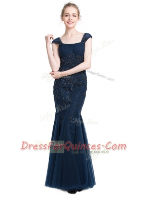 Navy Blue Mermaid Tulle Square Cap Sleeves Beading Floor Length Zipper Dress for Prom