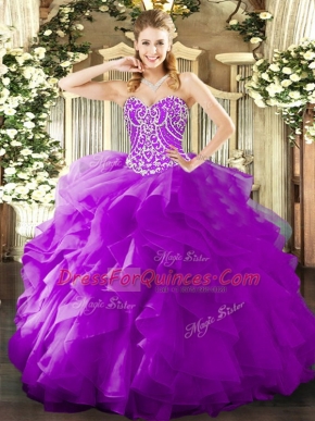 Stylish Purple Lace Up Sweet 16 Dress Beading and Ruffles Sleeveless Floor Length