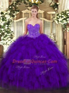 Ideal Purple Sleeveless Beading and Ruffles Floor Length Quince Ball Gowns