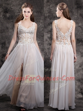 Straps Floor Length Champagne Prom Dress Chiffon Sleeveless Appliques