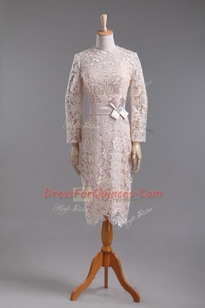 Long Sleeves Tea Length Lace and Belt Zipper Evening Dress with Champagne