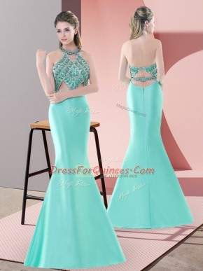 Halter Top Sleeveless Sweep Train Backless Prom Dress Blue and Apple Green Satin