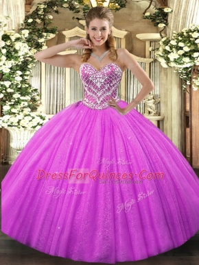 Fuchsia Ball Gowns Sweetheart Sleeveless Tulle Floor Length Lace Up Beading Sweet 16 Dress