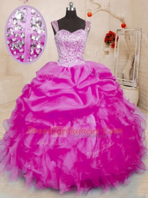 Pick Ups Floor Length Ball Gowns Sleeveless Fuchsia Quince Ball Gowns Lace Up