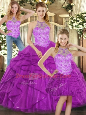 Free and Easy Purple Quinceanera Dress Sweet 16 and Quinceanera with Beading and Ruffles Halter Top Sleeveless Lace Up