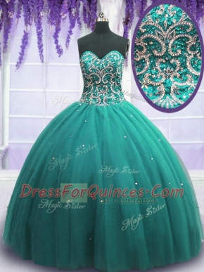 Cheap Sleeveless Tulle Floor Length Lace Up Quinceanera Gowns in Turquoise with Beading