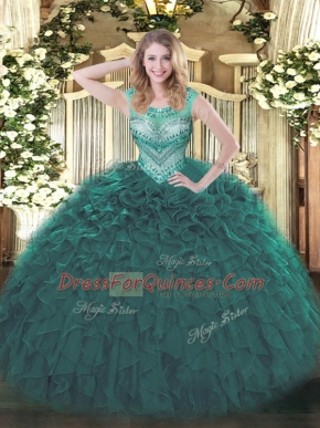 Teal Sleeveless Floor Length Beading and Ruffles Lace Up Quinceanera Gown