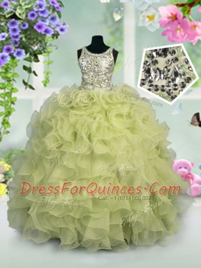 Vintage Scoop Light Yellow Ball Gowns Ruffles and Sequins Kids Pageant Dress Zipper Organza Sleeveless Floor Length