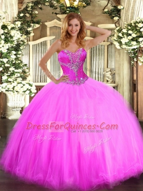 Cute Fuchsia Lace Up Quinceanera Dresses Beading Sleeveless Floor Length