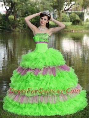 Beaded Decorate Bust Sequins Organza Multi-color Strapless Tiered Sweet 15th Birthday Dresses