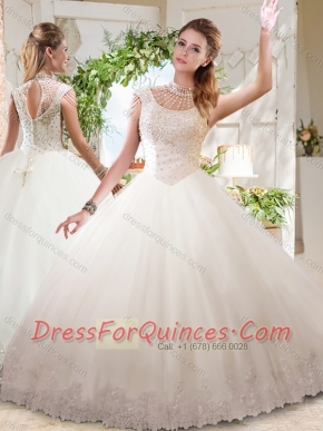 See Through Ball Gowns High Neck Lace Beaded Quinceanera Dress with Zipper Up