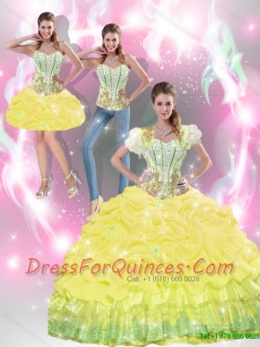 2015 Beautiful Yellow 15th Birthday Dresses with Beading and Pick Ups