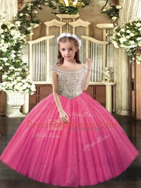 Off The Shoulder Sleeveless Kids Formal Wear Floor Length Beading Hot Pink Tulle
