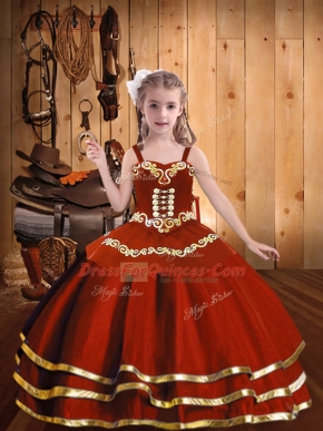 Exquisite Rust Red Organza Lace Up Little Girls Pageant Dress Wholesale Sleeveless Floor Length Embroidery and Ruffles