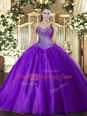 High Quality Sweetheart Sleeveless Lace Up 15 Quinceanera Dress Eggplant Purple Tulle