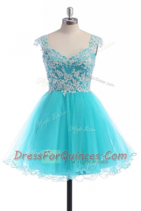 Aqua Blue V-neck Neckline Appliques Prom Evening Gown Sleeveless Backless