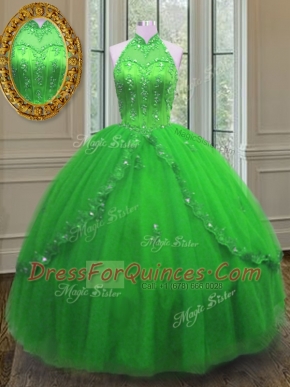 Captivating High-neck Sleeveless Quinceanera Gowns Floor Length Beading and Appliques Tulle