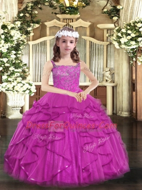 Fuchsia Ball Gowns Tulle Straps Sleeveless Beading and Ruffles Floor Length Lace Up Little Girls Pageant Dress