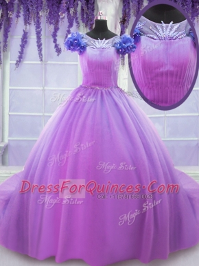 Lilac Ball Gowns Tulle Scoop Short Sleeves Hand Made Flower Floor Length Lace Up Sweet 16 Dress