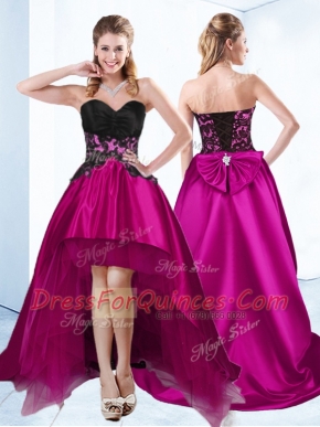 A-line Prom Gown Fuchsia Sweetheart Satin Sleeveless High Low Lace Up