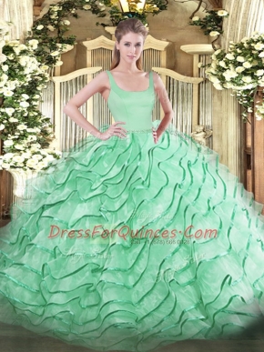 Custom Design Straps Sleeveless Quince Ball Gowns Brush Train Ruffled Layers Apple Green Organza