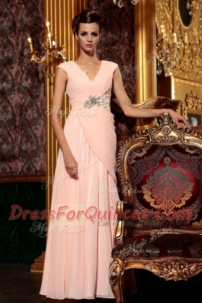 Fancy Floor Length Column/Sheath Cap Sleeves Baby Pink Side Zipper