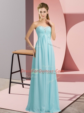 Floor Length Lace Up Homecoming Dress Baby Blue for Prom and Party and Military Ball with Beading