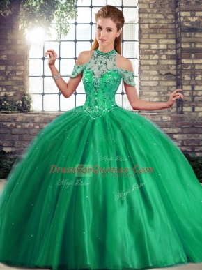 Halter Top Sleeveless Quince Ball Gowns Brush Train Beading Green Tulle