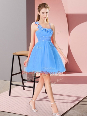 Sleeveless Organza Mini Length Zipper Prom Gown in Baby Blue with Beading and Hand Made Flower