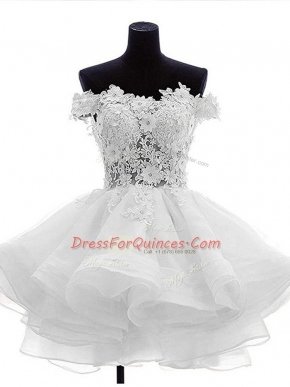 Attractive Sleeveless Organza Mini Length Zipper Prom Dress in White with Beading and Lace and Ruffles