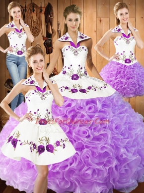 Exquisite Halter Top Sleeveless Sweet 16 Dress Floor Length Embroidery Lilac Fabric With Rolling Flowers